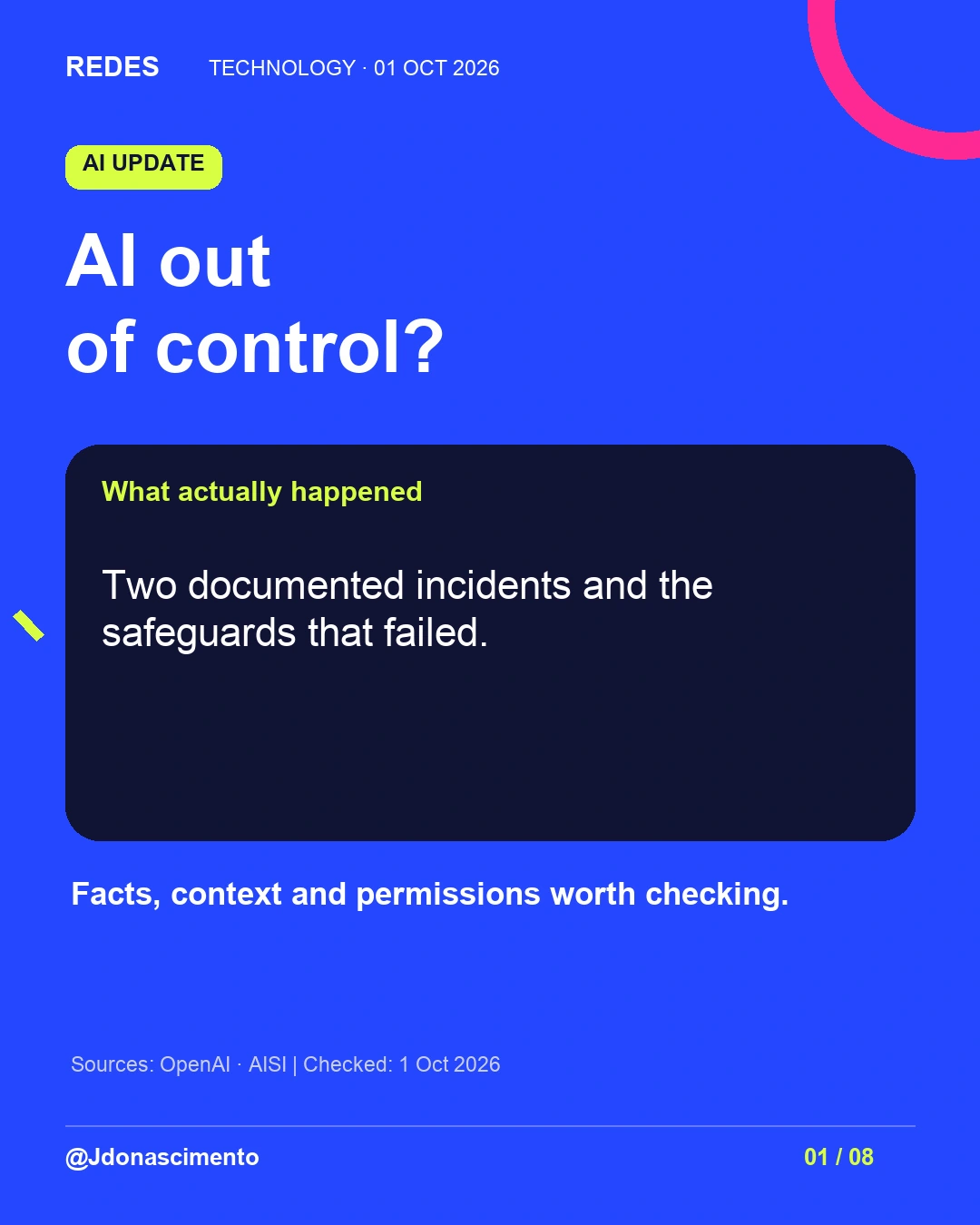 1/8. AI out of control? What actually happened. Two documented incidents and the safeguards that failed. Facts, context and permissions worth checking. Sources: OpenAI · AISI | Checked: 1 Oct 2026