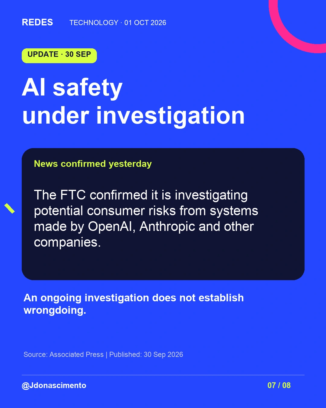 7/8. AI safety under investigation. News confirmed yesterday. The FTC confirmed it is investigating potential consumer risks from systems made by OpenAI, Anthropic and other companies. An ongoing investigation does not establish wrongdoing. Source: Associated Press | Published: 30 Sep 2026