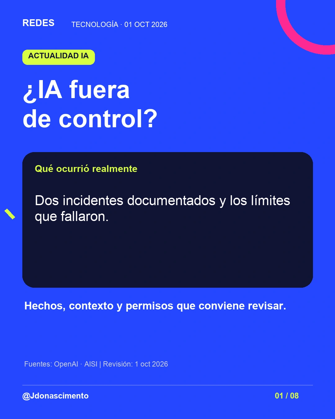 1/8. ¿IA fuera de control? Qué ocurrió realmente. Dos incidentes documentados y los límites que fallaron. Hechos, contexto y permisos que conviene revisar. Fuentes: OpenAI · AISI | Revisión: 1 oct 2026