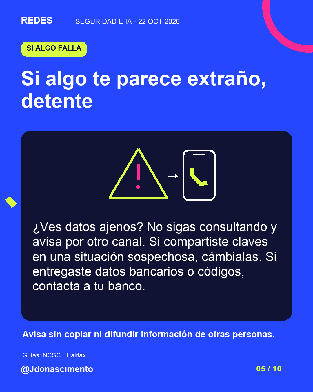 Si algo te parece extraño, detente. ¿Ves datos ajenos? No sigas consultando y avisa por otro canal. Si compartiste claves en una situación sospechosa, cámbialas. Si entregaste datos bancarios o códigos, contacta a tu banco. Avisa sin copiar ni difundir información de otras personas. Ilustración de una alerta junto a un teléfono para contactar por otro canal.