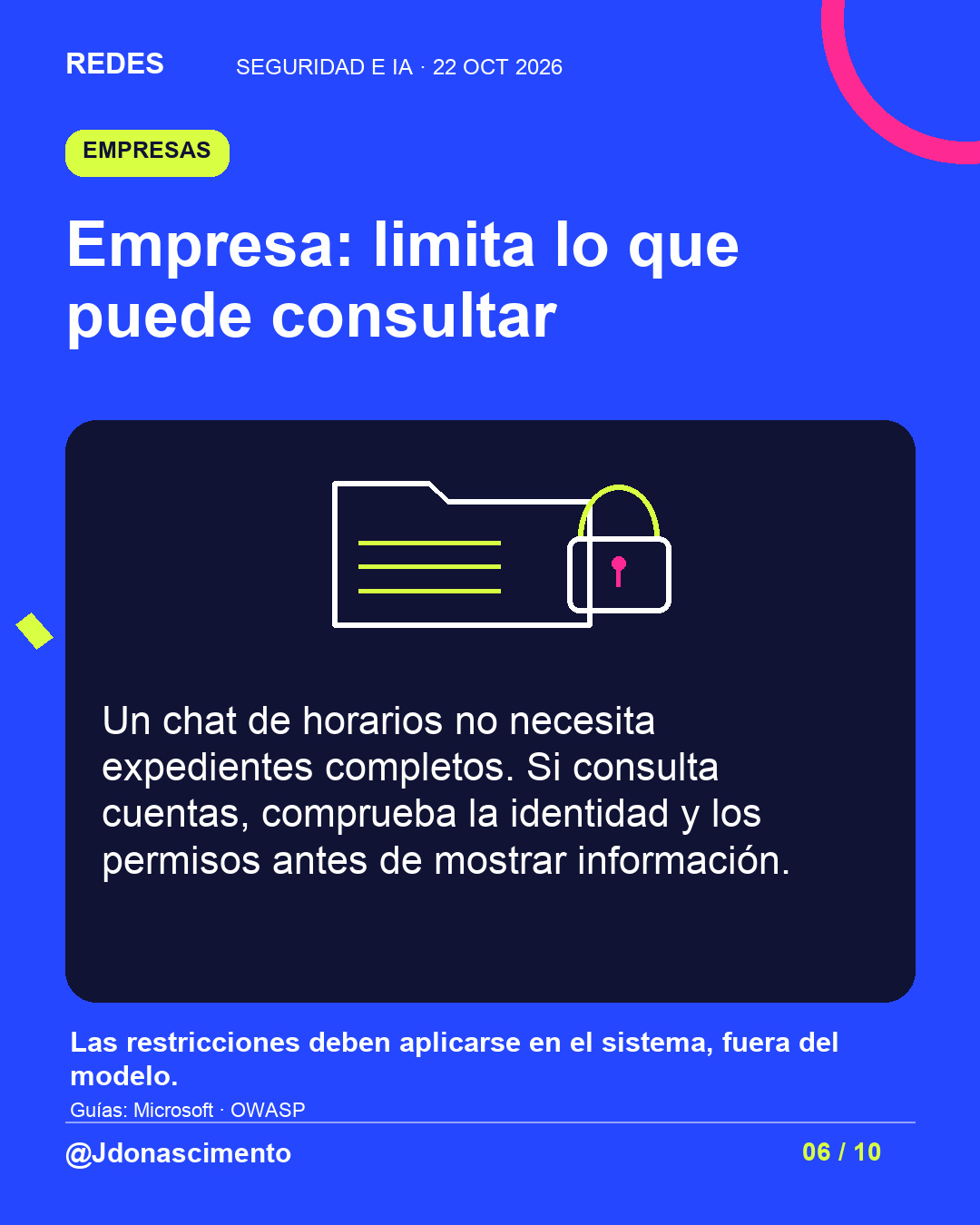 Empresa: limita lo que puede consultar. Un chat de horarios no necesita expedientes completos. Si consulta cuentas, comprueba la identidad y los permisos antes de mostrar información. Las restricciones deben aplicarse en el sistema, fuera del modelo. Ilustración de una carpeta con registros y un candado.