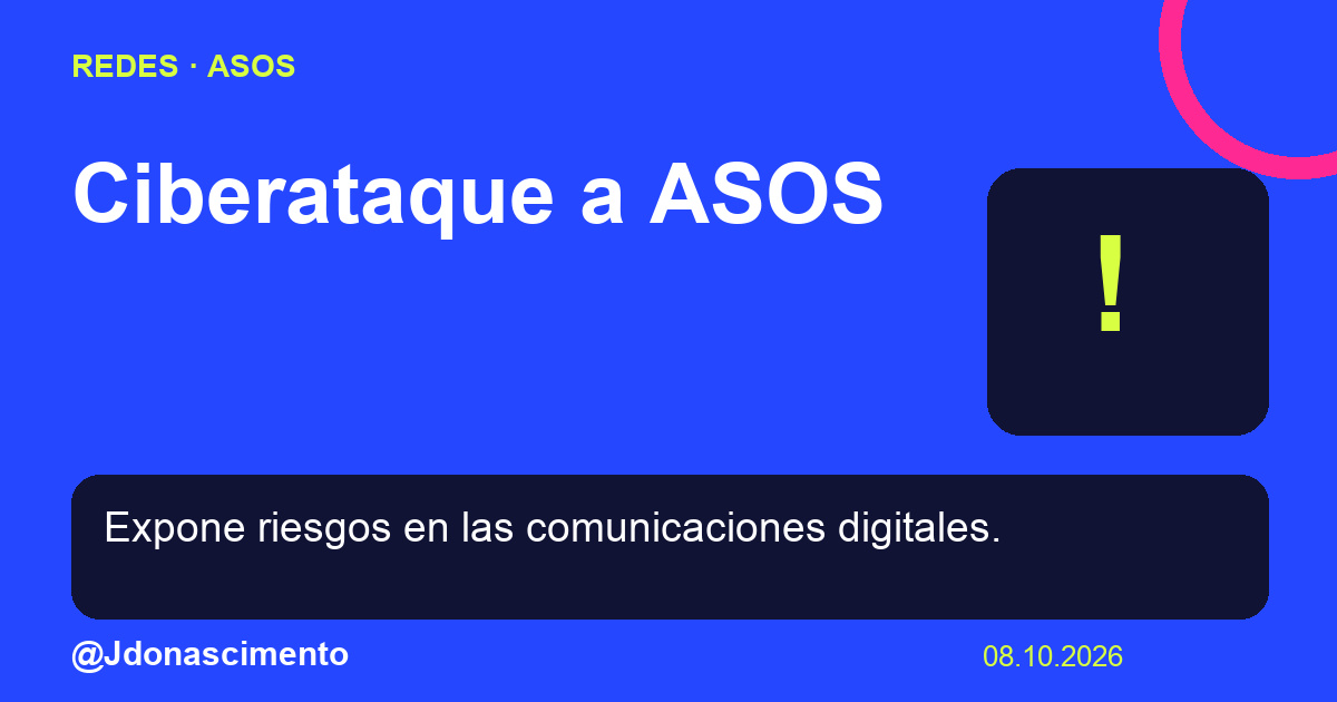 Fondo azul, tarjetas oscuras y acentos lima y fucsia. Ciberataque a ASOS Expone riesgos en las comunicaciones digitales. @Jdonascimento.