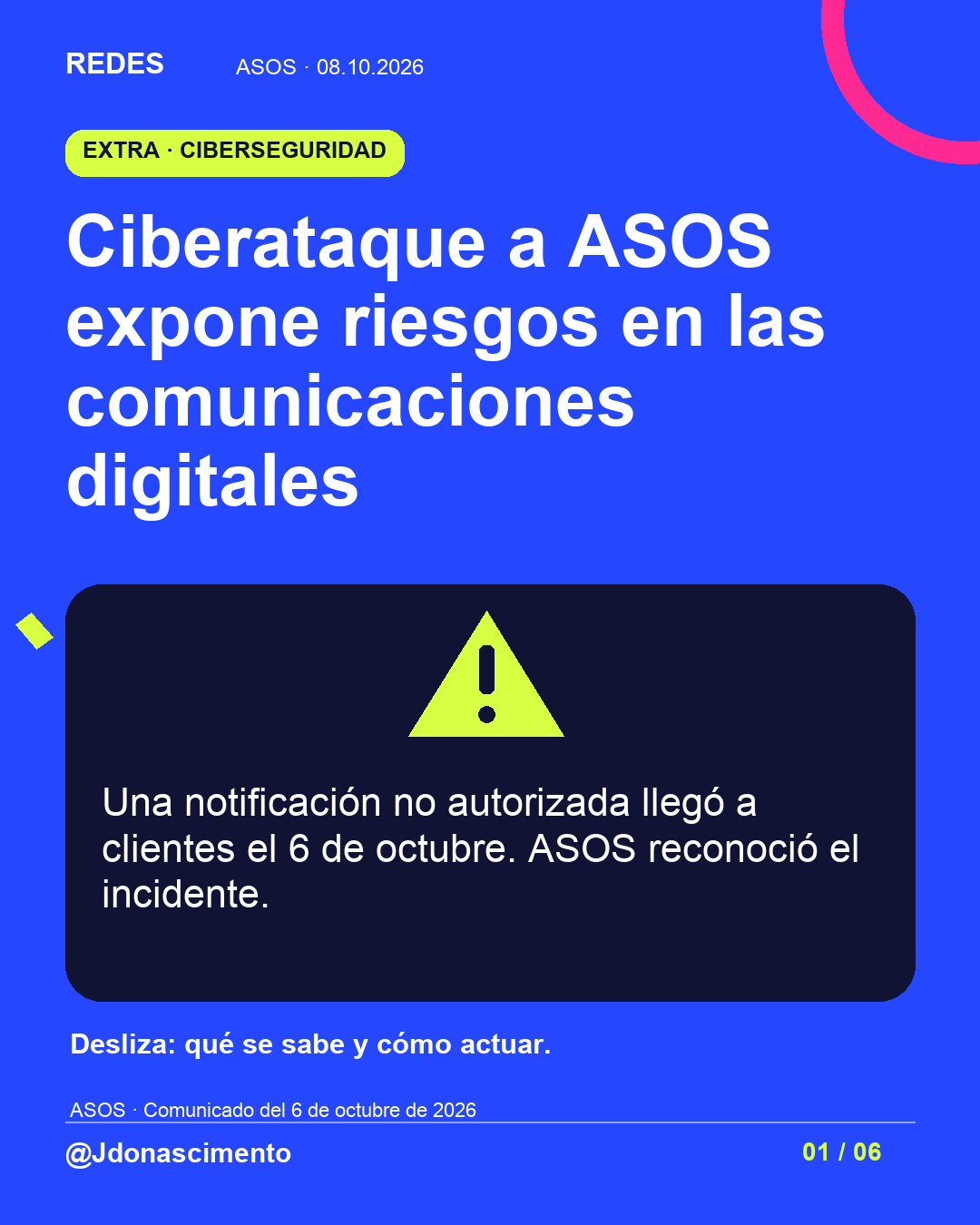 Fondo azul, tarjetas oscuras y acentos lima y fucsia. Ciberataque a ASOS expone riesgos en las comunicaciones digitales Una notificación no autorizada llegó a clientes el 6 de octubre. ASOS reconoció el incidente. Desliza: qué se sabe y cómo actuar. ASOS · Comunicado del 6 de octubre de 2026 @Jdonascimento.