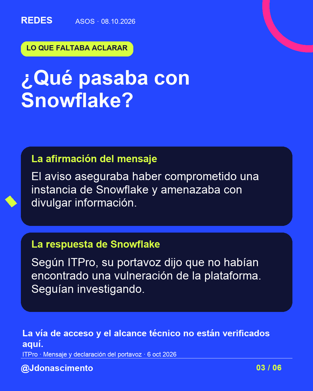 Fondo azul, tarjetas oscuras y acentos lima y fucsia. ¿Qué pasaba con Snowflake? La afirmación del mensaje El aviso aseguraba haber comprometido una instancia de Snowflake y amenazaba con divulgar información. La respuesta de Snowflake Según ITPro, su portavoz dijo que no habían encontrado una vulneración de la plataforma. Seguían investigando. La vía de acceso y el alcance técnico no están verificados aquí. ITPro · Mensaje y declaración del portavoz · 6 oct 2026 @Jdonascimento.