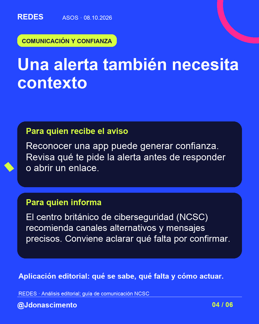 Fondo azul, tarjetas oscuras y acentos lima y fucsia. Una alerta también necesita contexto Para quien recibe el aviso Reconocer una app puede generar confianza. Revisa qué te pide la alerta antes de responder o abrir un enlace. Para quien informa El centro británico de ciberseguridad (NCSC) recomienda canales alternativos y mensajes precisos. Conviene aclarar qué falta por confirmar. Aplicación editorial: qué se sabe, qué falta y cómo actuar. REDES · Análisis editorial; guía de comunicación NCSC @Jdonascimento.