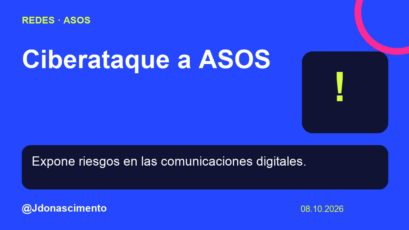 Fondo azul, tarjetas oscuras y acentos lima y fucsia. Ciberataque a ASOS Expone riesgos en las comunicaciones digitales. @Jdonascimento.