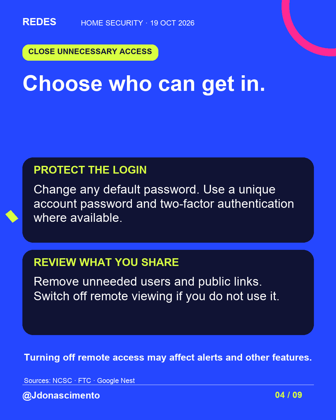 Blue background, dark cards and lime and pink accents. Choose who can get in. PROTECT THE LOGIN Change any default password. Use a unique account password and two-factor authentication where available. REVIEW WHAT YOU SHARE Remove unneeded users and public links. Switch off remote viewing if you do not use it. Turning off remote access may affect alerts and other features. Sources: NCSC · FTC · Google Nest @Jdonascimento.