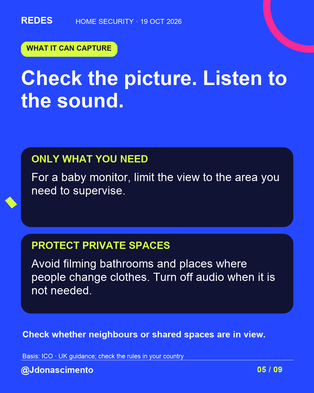 Blue background, dark cards and lime and pink accents. Check the picture. Listen to the sound. ONLY WHAT YOU NEED For a baby monitor, limit the view to the area you need to supervise. PROTECT PRIVATE SPACES Avoid filming bathrooms and places where people change clothes. Turn off audio when it is not needed. Check whether neighbours or shared spaces are in view. Basis: ICO · UK guidance; check the rules in your country @Jdonascimento.