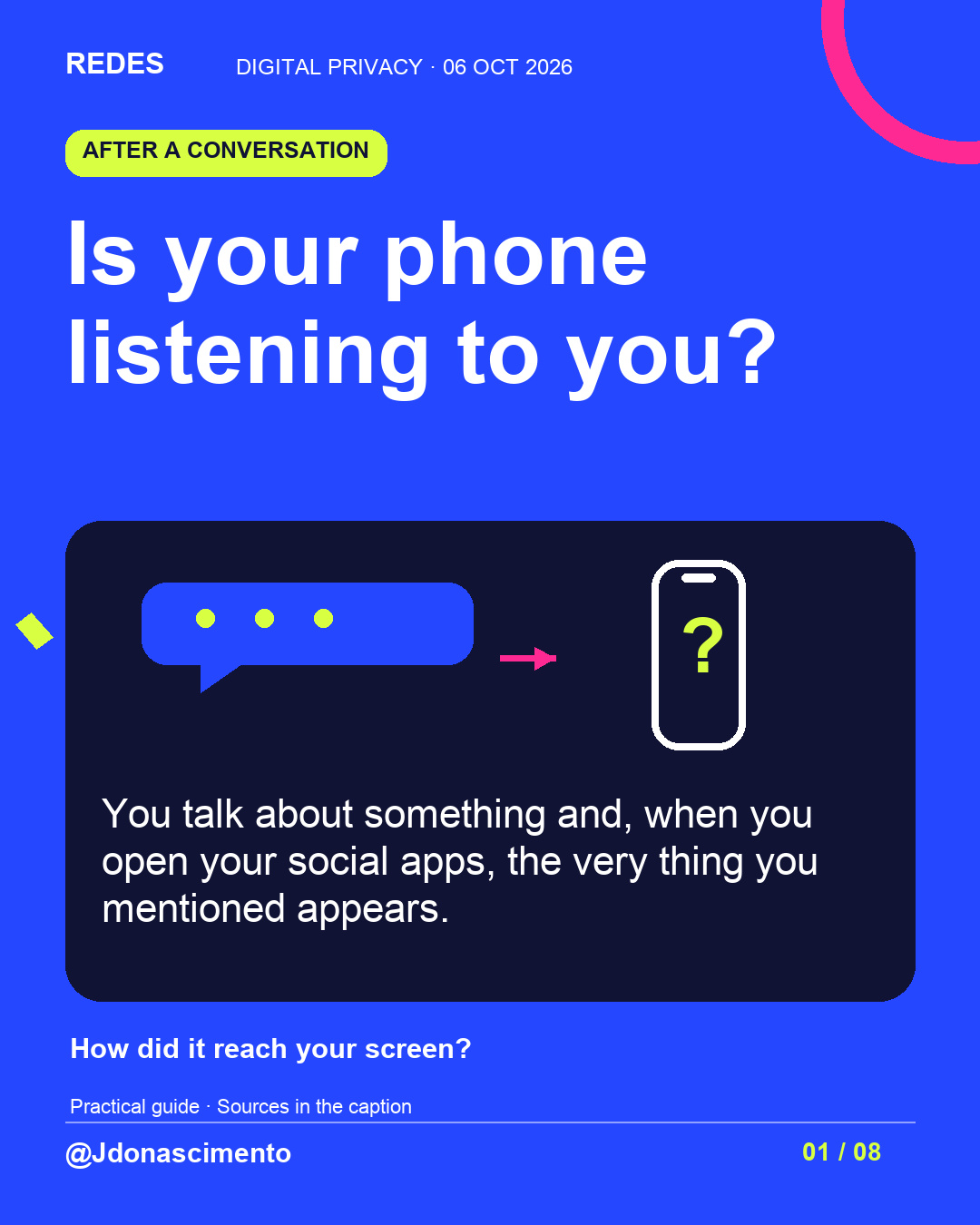 Blue background, dark cards and lime and pink accents. Is your phone listening to you? You talk about something and, when you open your social apps, the very thing you mentioned appears. How did it reach your screen? Practical guide · Sources in the caption @Jdonascimento.