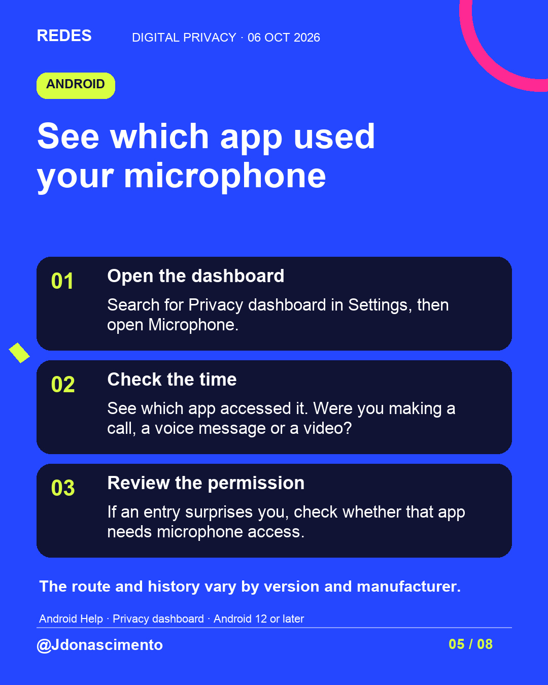 Blue background, dark cards and lime and pink accents. See which app used your microphone 01 Open the dashboard Search for Privacy dashboard in Settings, then open Microphone. 02 Check the time See which app accessed it. Were you making a call, a voice message or a video? 03 Review the permission If an entry surprises you, check whether that app needs microphone access. The route and history vary by version and manufacturer. Android Help · Privacy dashboard · Android 12 or later @Jdonascimento.