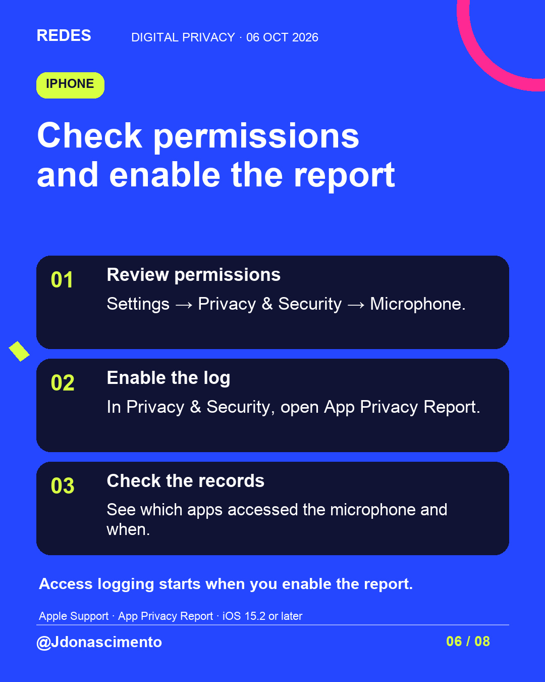 Blue background, dark cards and lime and pink accents. Check permissions and enable the report 01 Review permissions Settings → Privacy & Security → Microphone. 02 Enable the log In Privacy & Security, open App Privacy Report. 03 Check the records See which apps accessed the microphone and when. Access logging starts when you enable the report. Apple Support · App Privacy Report · iOS 15.2 or later @Jdonascimento.