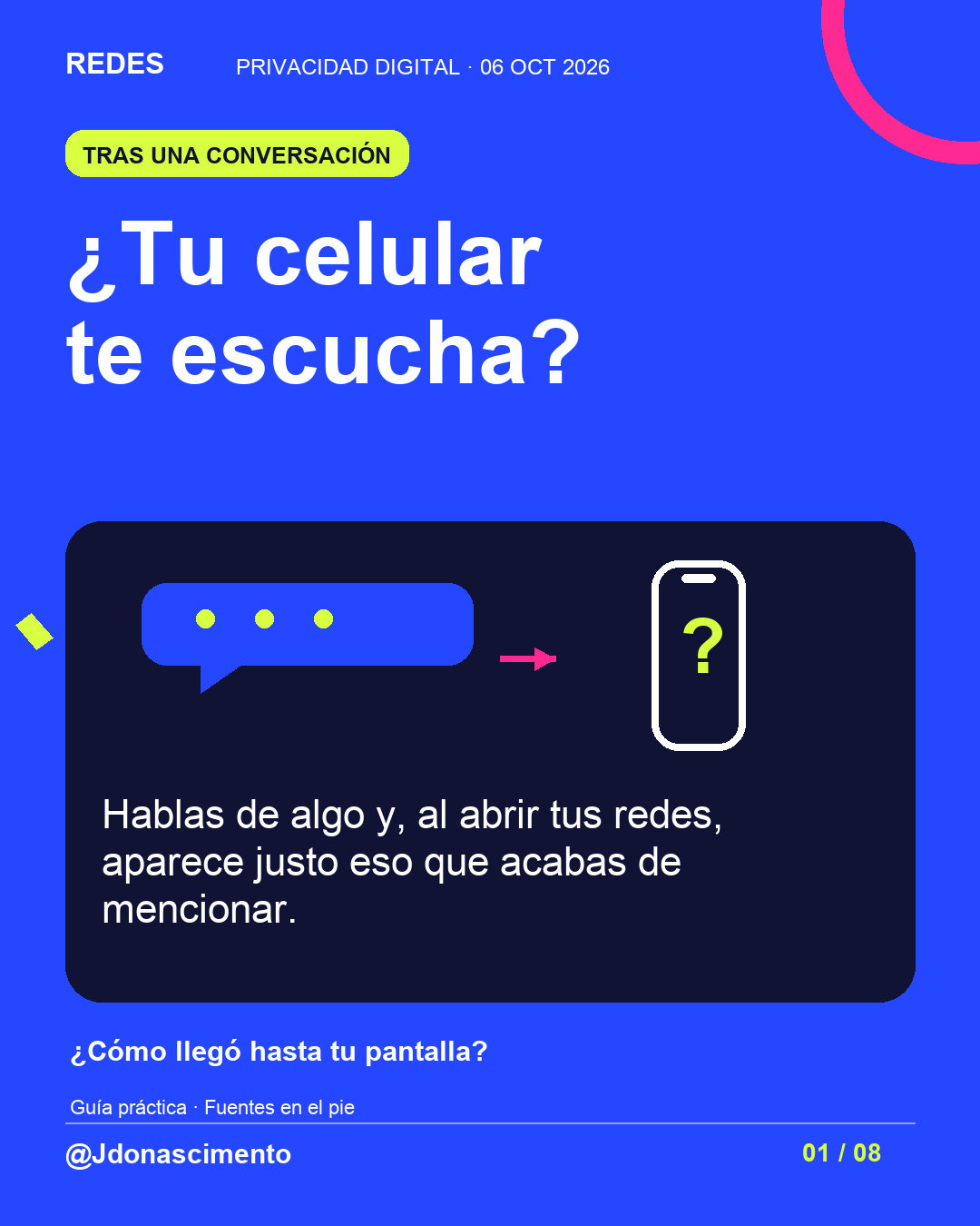 Fondo azul, tarjetas oscuras y acentos lima y fucsia. ¿Tu celular te escucha? Hablas de algo y, al abrir tus redes, aparece justo eso que acabas de mencionar. ¿Cómo llegó hasta tu pantalla? Guía práctica · Fuentes en el pie @Jdonascimento.