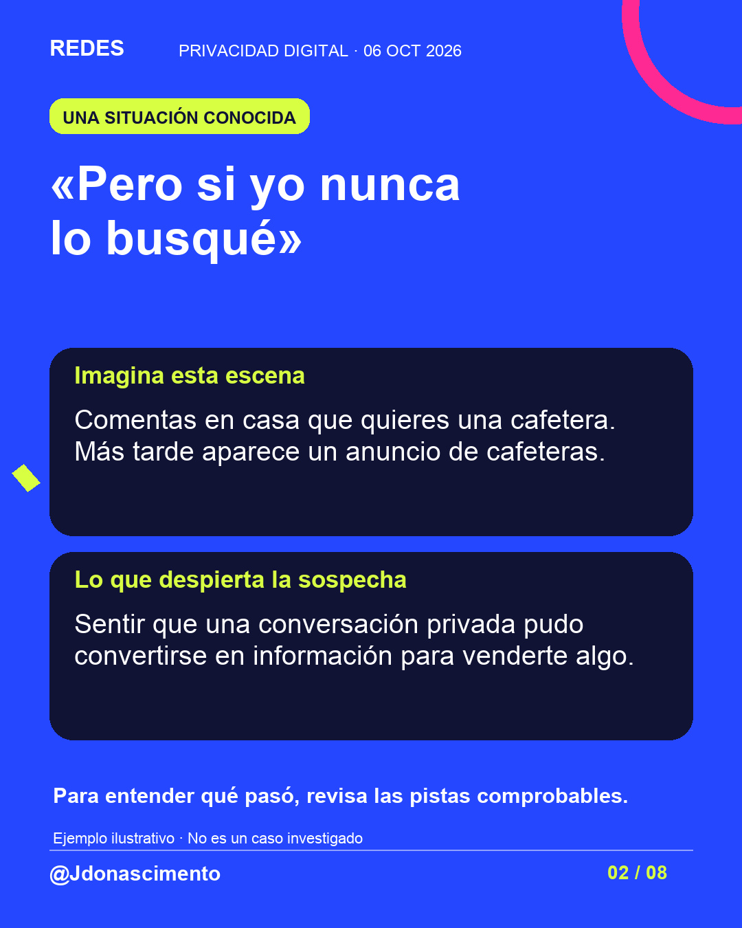 Fondo azul, tarjetas oscuras y acentos lima y fucsia. «Pero si yo nunca lo busqué» Imagina esta escena Comentas en casa que quieres una cafetera. Más tarde aparece un anuncio de cafeteras. Lo que despierta la sospecha Sentir que una conversación privada pudo convertirse en información para venderte algo. Para entender qué pasó, revisa las pistas comprobables. Ejemplo ilustrativo · No es un caso investigado @Jdonascimento.