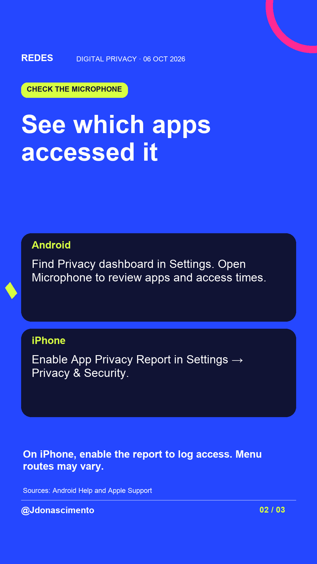 Blue background, dark cards and lime and pink accents. See which apps accessed it Android Find Privacy dashboard in Settings. Open Microphone to review apps and access times. iPhone Enable App Privacy Report in Settings → Privacy & Security. On iPhone, enable the report to log access. Menu routes may vary. Sources: Android Help and Apple Support @Jdonascimento.