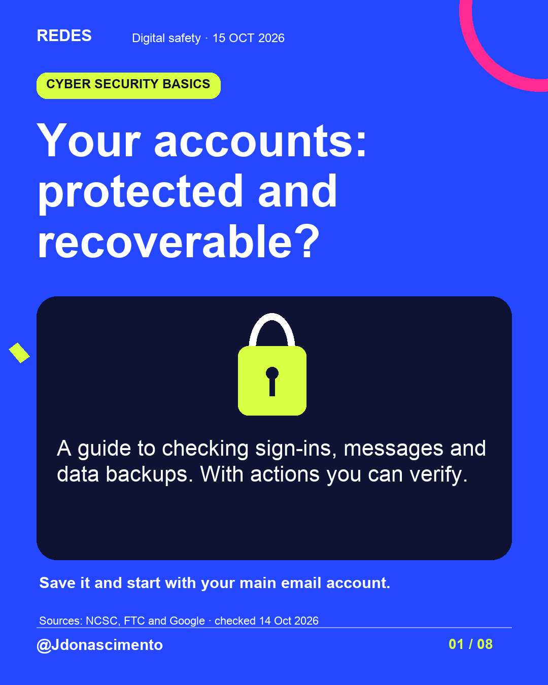Blue background, dark cards and lime and pink accents. Your accounts: protected and recoverable? A guide to checking sign-ins, messages and data backups. With actions you can verify. Save it and start with your main email account. Sources: NCSC, FTC and Google · checked 14 Oct 2026 @Jdonascimento.