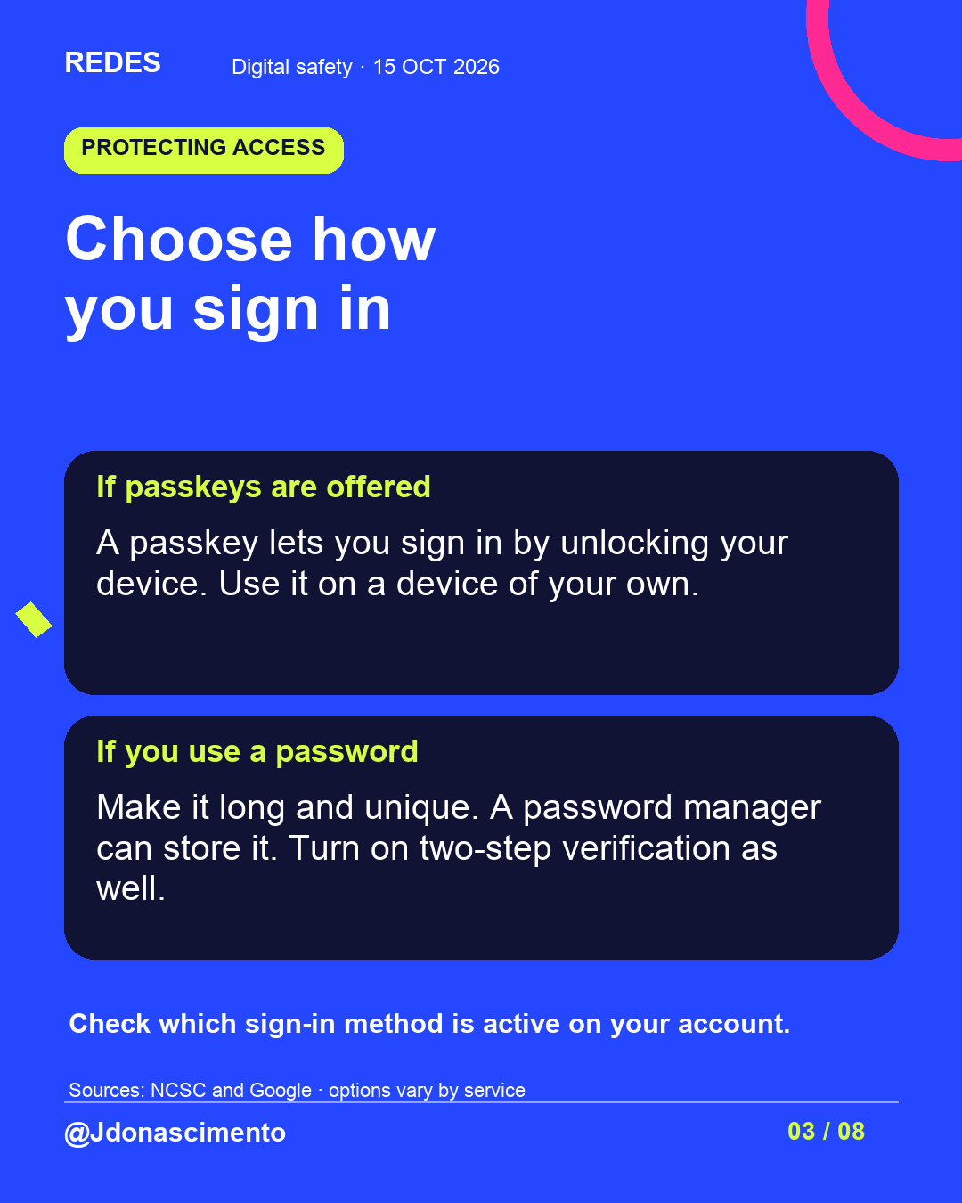 Blue background, dark cards and lime and pink accents. Choose how you sign in If passkeys are offered A passkey lets you sign in by unlocking your device. Use it on a device of your own. If you use a password Make it long and unique. A password manager can store it. Turn on two-step verification as well. Check which sign-in method is active on your account. Sources: NCSC and Google · options vary by service @Jdonascimento.