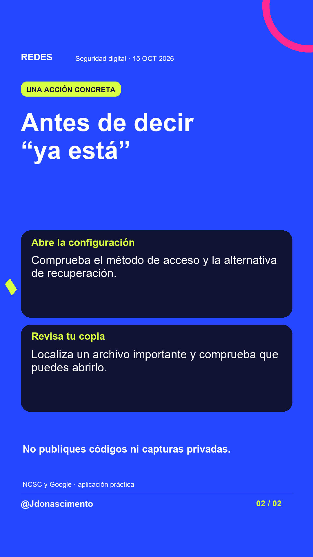 Fondo azul, tarjetas oscuras y acentos lima y fucsia. Antes de decir “ya está” Abre la configuración Comprueba el método de acceso y la alternativa de recuperación. Revisa tu copia Localiza un archivo importante y comprueba que puedes abrirlo. No publiques códigos ni capturas privadas. NCSC y Google · aplicación práctica @Jdonascimento.