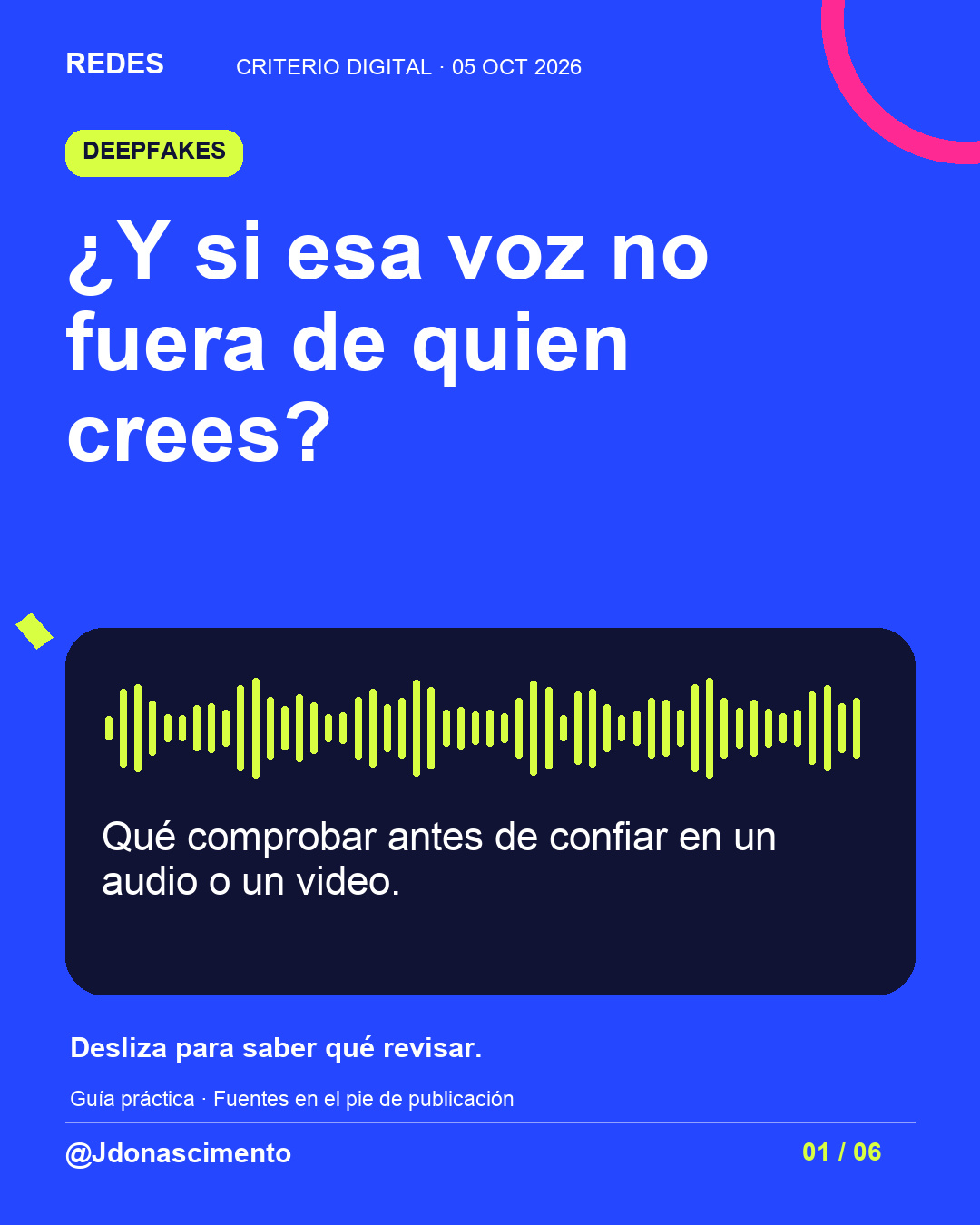 Lámina con fondo azul y tarjetas oscuras. ¿Y si esa voz no fuera de quien crees? Qué comprobar antes de confiar en un audio o un video. Desliza para saber qué revisar.