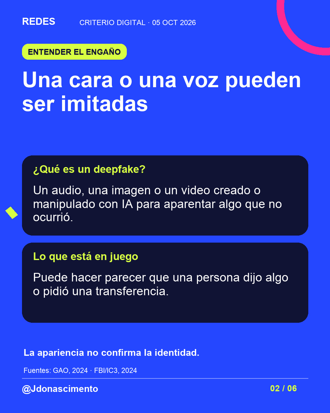 Lámina con fondo azul y tarjetas oscuras. Una cara o una voz pueden ser imitadas ¿Qué es un deepfake? Un audio, una imagen o un video creado o manipulado con IA para aparentar algo que no ocurrió. Lo que está en juego Puede hacer parecer que una persona dijo algo o pidió una transferencia. La apariencia no confirma la identidad.