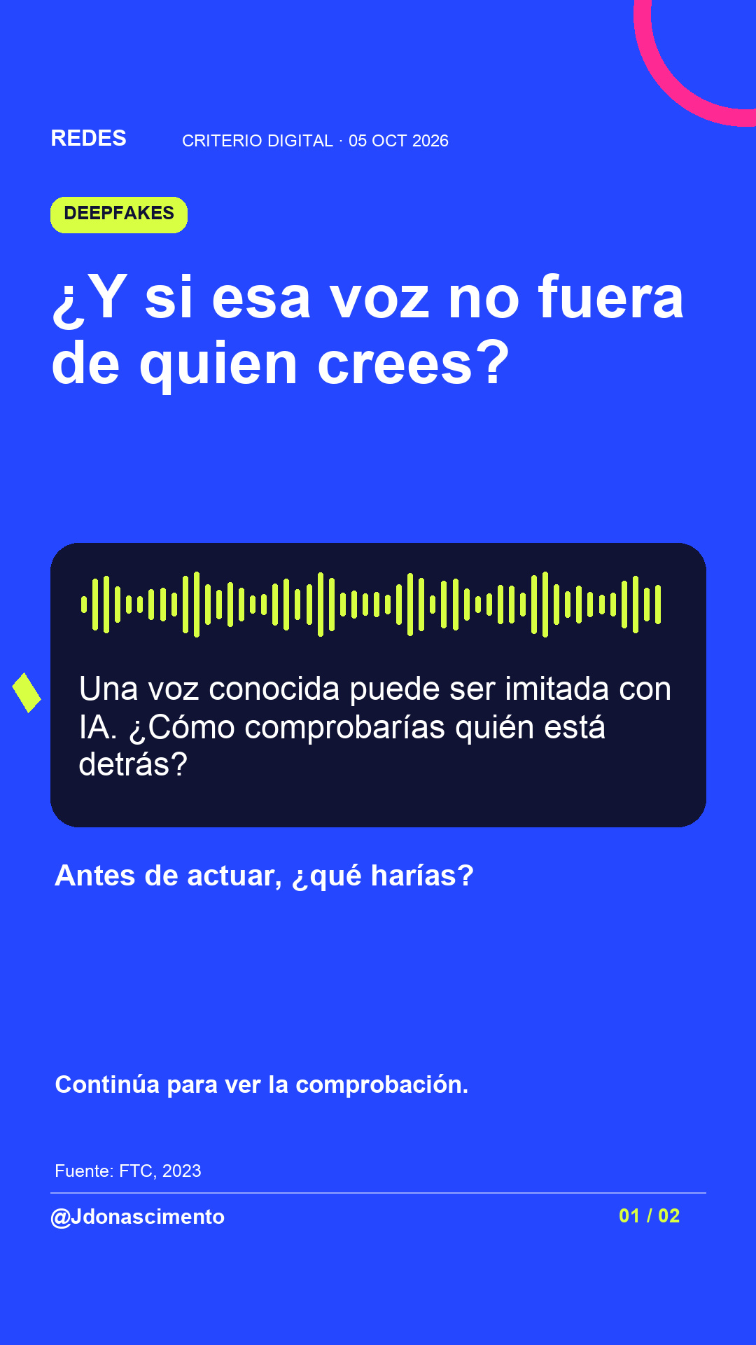 Lámina con fondo azul y tarjetas oscuras. ¿Y si esa voz no fuera de quien crees? Una voz conocida puede ser imitada con IA. ¿Cómo comprobarías quién está detrás? Continúa para ver la comprobación.