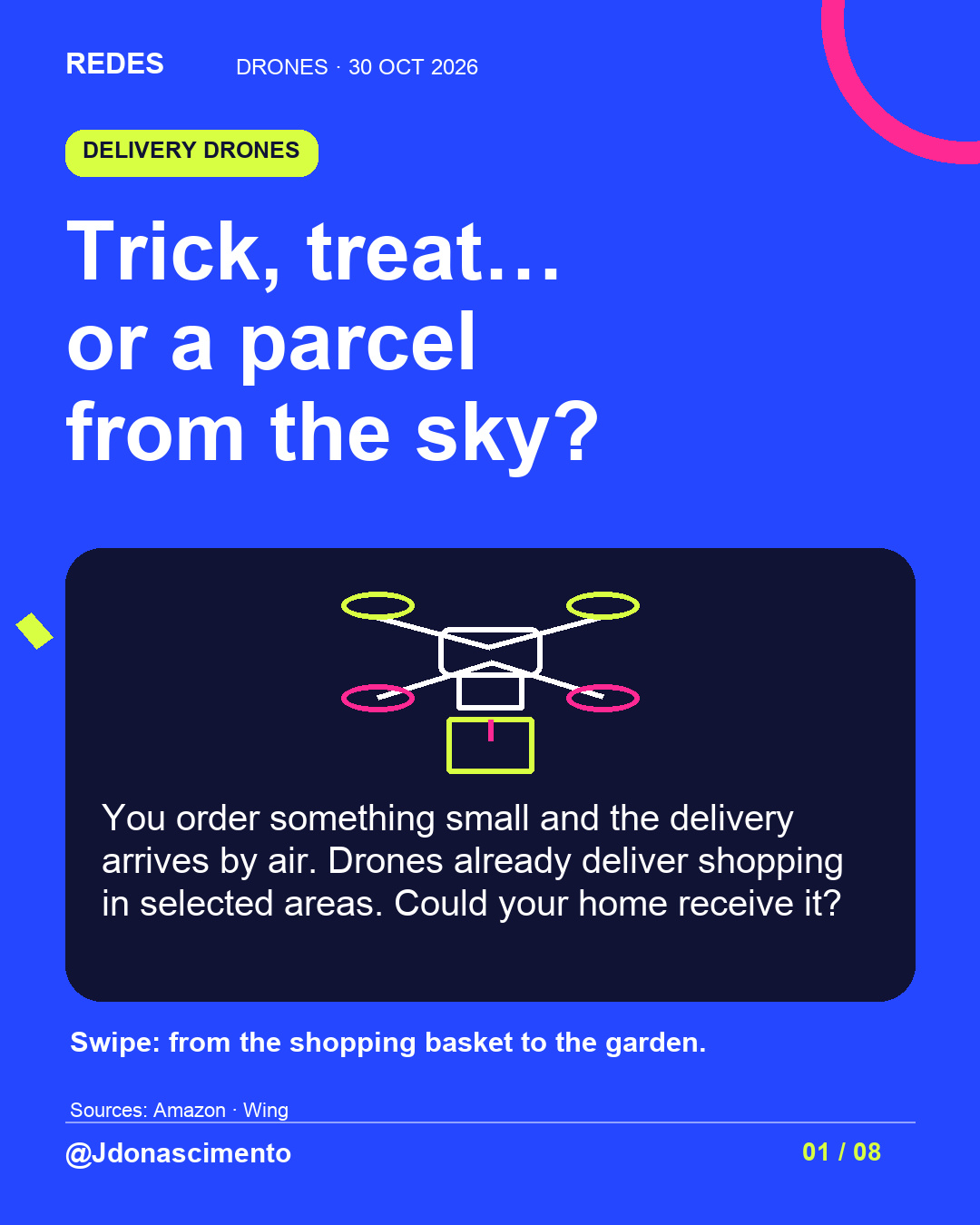 Electric blue background, midnight card and original line illustration about delivery drones; an illustrative diagram, not an exact commercial model. Trick, treat… or a parcel from the sky?. You order something small and the delivery arrives by air. Drones already deliver shopping in selected areas. Could your home receive it? Swipe: from the shopping basket to the garden.. Sources: Amazon · Wing. @Jdonascimento.