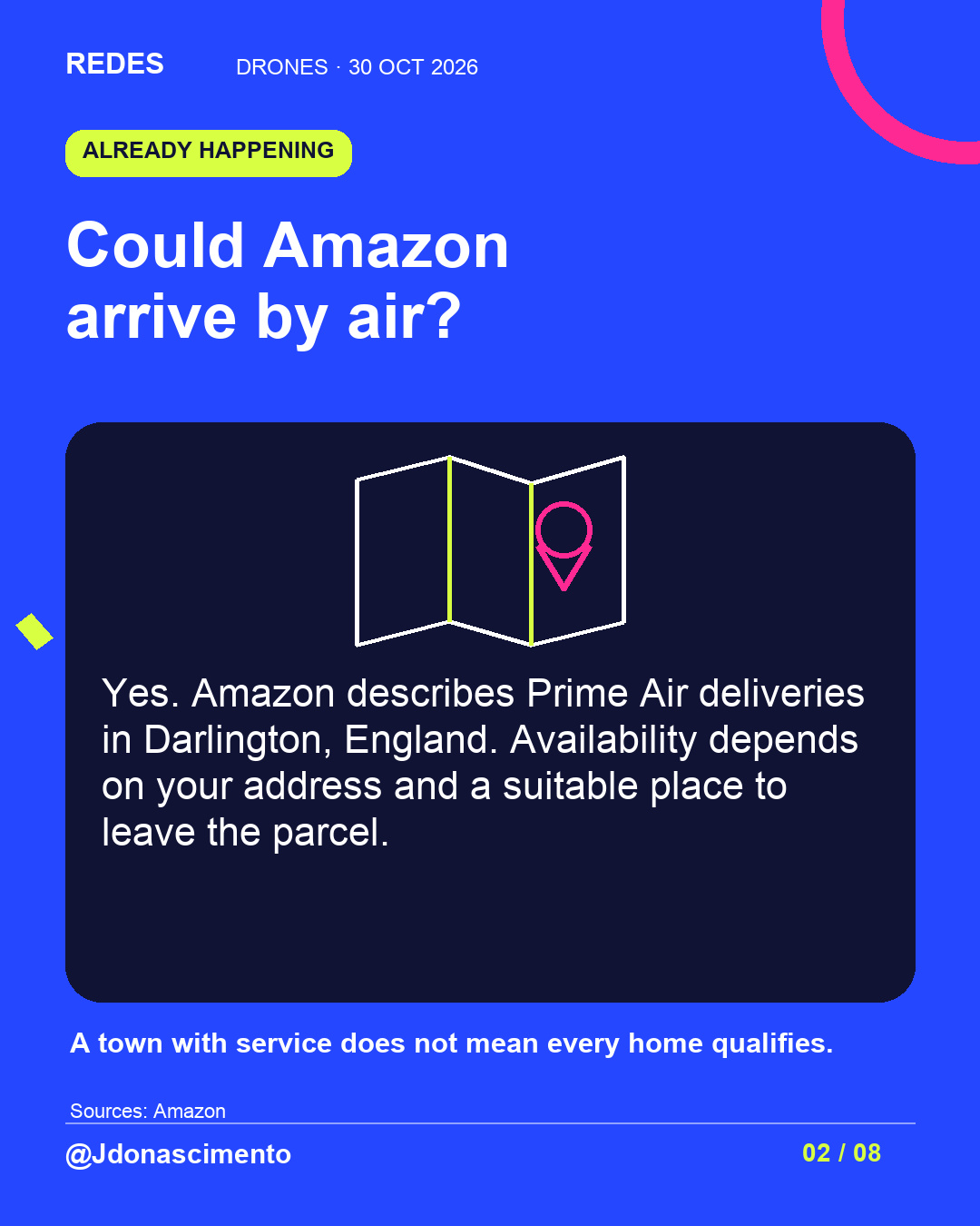 Electric blue background, midnight card and original line illustration about delivery drones; an illustrative diagram, not an exact commercial model. Could Amazon arrive by air?. Yes. Amazon describes Prime Air deliveries in Darlington, England. Availability depends on your address and a suitable place to leave the parcel. A town with service does not mean every home qualifies.. Sources: Amazon. @Jdonascimento.