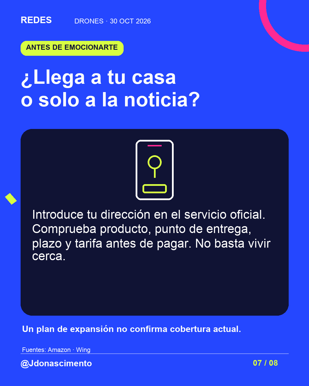 Fondo azul eléctrico, tarjeta medianoche e ilustración lineal original sobre drones repartidores; esquema ilustrativo, no modelo comercial exacto. ¿Llega a tu casa o solo a la noticia?. Introduce tu dirección en el servicio oficial. Comprueba producto, punto de entrega, plazo y tarifa antes de pagar. No basta vivir cerca. Un plan de expansión no confirma cobertura actual.. Fuentes: Amazon · Wing. @Jdonascimento.