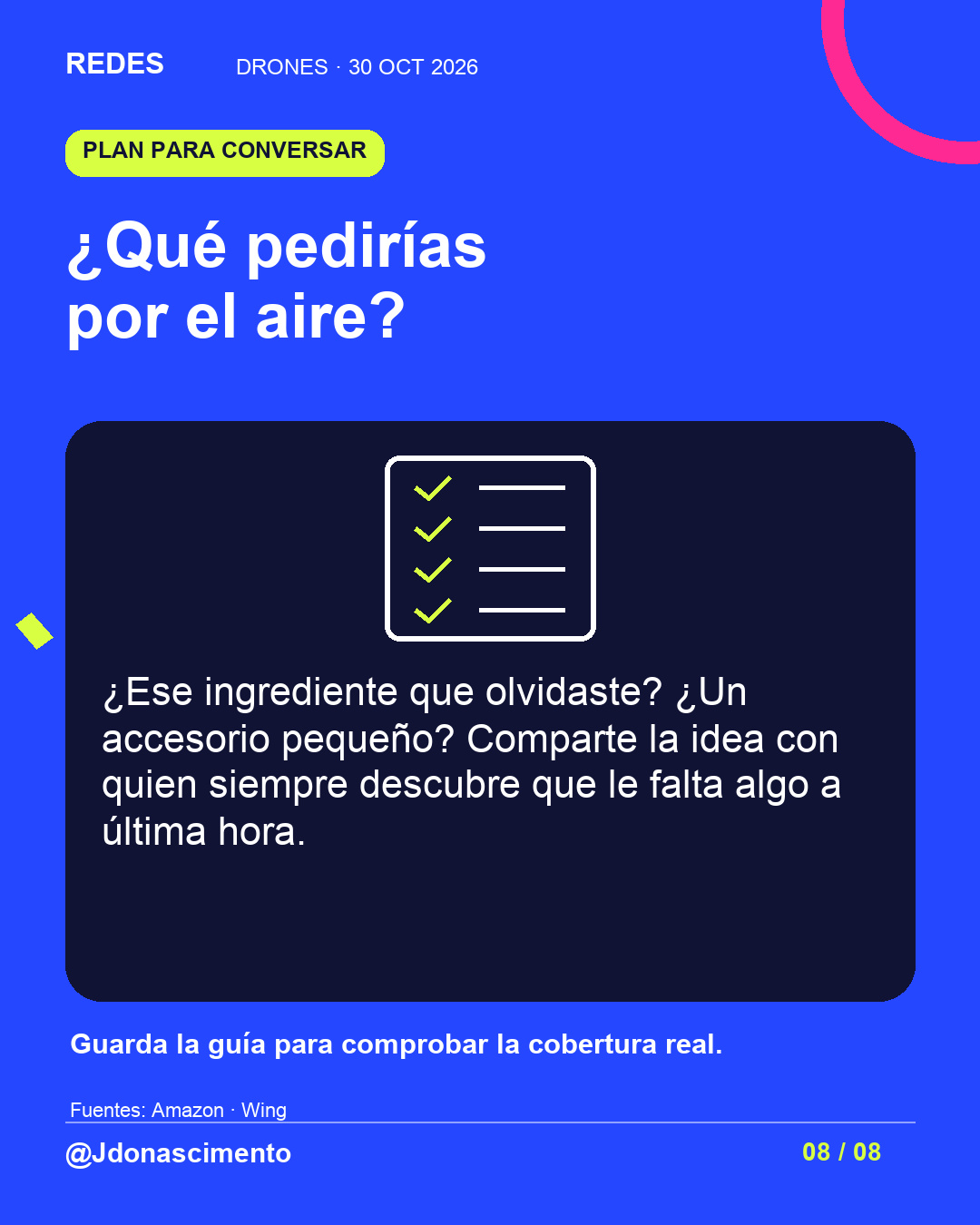 Fondo azul eléctrico, tarjeta medianoche e ilustración lineal original sobre drones repartidores; esquema ilustrativo, no modelo comercial exacto. ¿Qué pedirías por el aire?. ¿Ese ingrediente que olvidaste? ¿Un accesorio pequeño? Comparte la idea con quien siempre descubre que le falta algo a última hora. Guarda la guía para comprobar la cobertura real.. Fuentes: Amazon · Wing. @Jdonascimento.