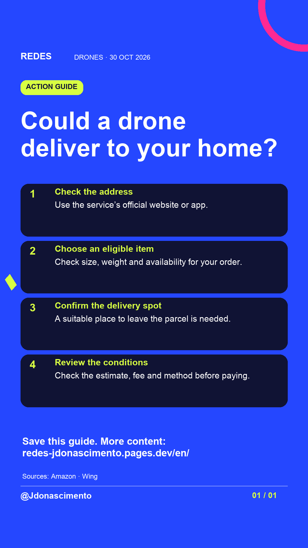 Electric blue background, midnight card and original line illustration about delivery drones; an illustrative diagram, not an exact commercial model. Could a drone deliver to your home?. Check the address. Use the service’s official website or app. Choose an eligible item. Check size, weight and availability for your order. Confirm the delivery spot. A suitable place to leave the parcel is needed. Review the conditions. Check the estimate, fee and method before paying. Save this guide. More content: redes-jdonascimento.pages.dev/en/. Sources: Amazon · Wing. @Jdonascimento.