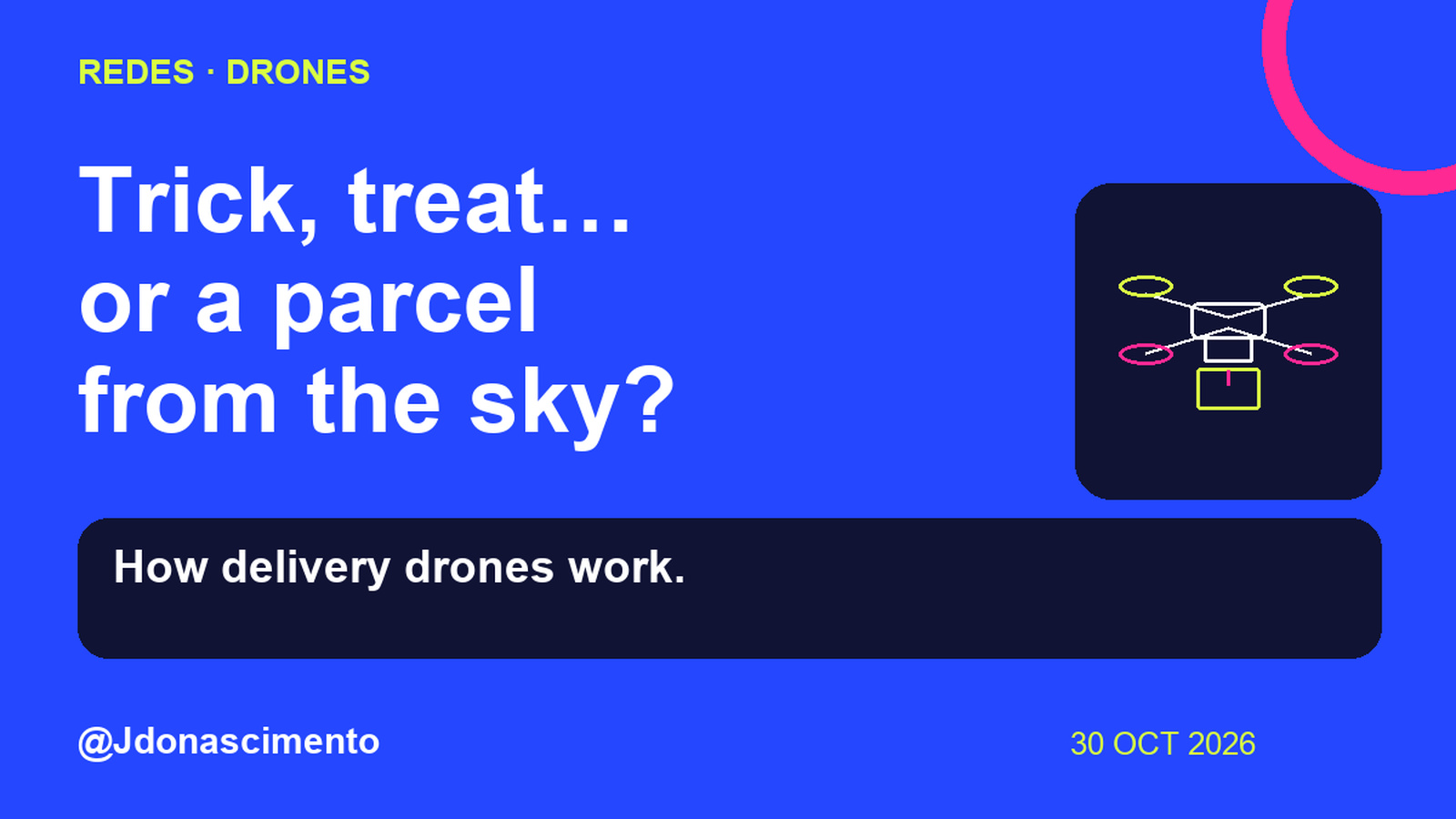 Electric blue background, midnight card and original line illustration about delivery drones; an illustrative diagram, not an exact commercial model. Trick, treat… or a parcel from the sky?. How delivery drones work.. Sources: Amazon · Wing. @Jdonascimento.