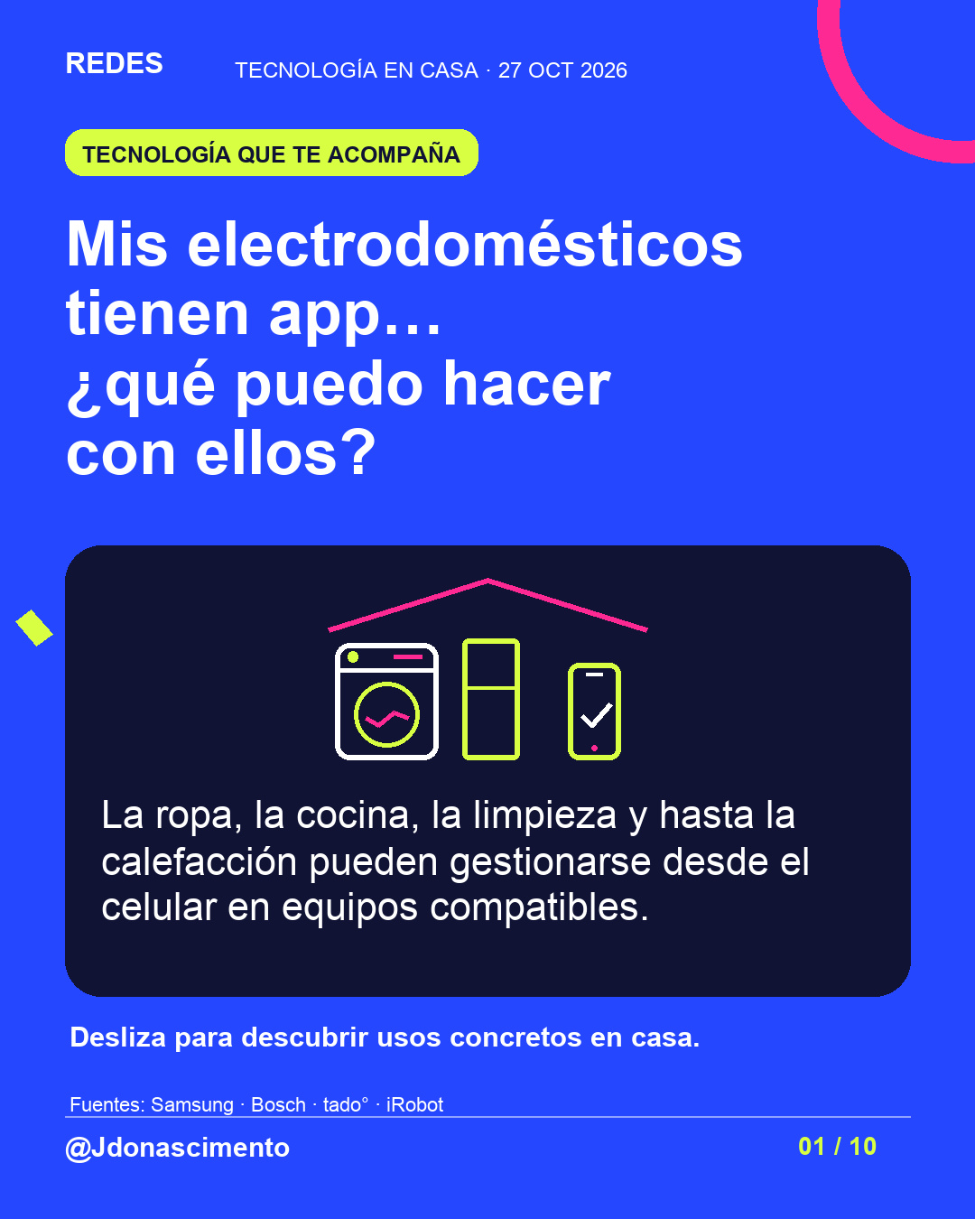 Fondo azul eléctrico, tarjeta medianoche e ilustración lineal sobre electrodomésticos conectados. Mis electrodomésticos tienen app… ¿qué puedo hacer con ellos?. La ropa, la cocina, la limpieza y hasta la calefacción pueden gestionarse desde el celular en equipos compatibles. Desliza para descubrir usos concretos en casa.. Fuentes: Samsung · Bosch · tado° · iRobot. @Jdonascimento.