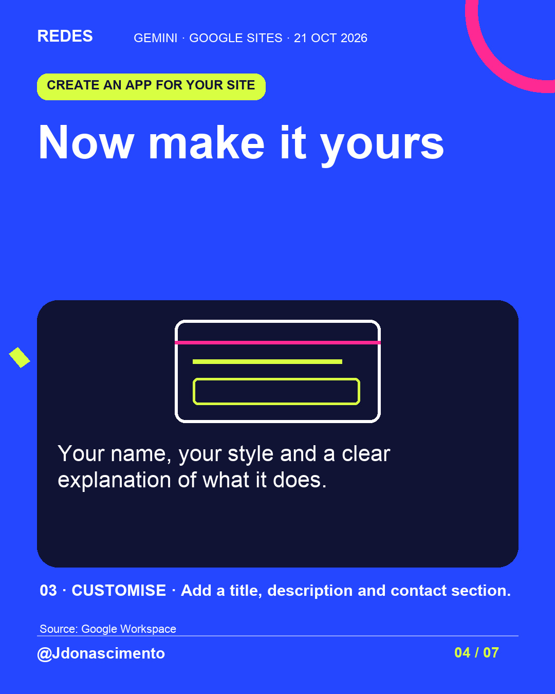 Now make it yours. Your name, your style and a clear explanation of what it does.. 03 · CUSTOMISE · Add a title, description and contact section.. Illustrative diagram.