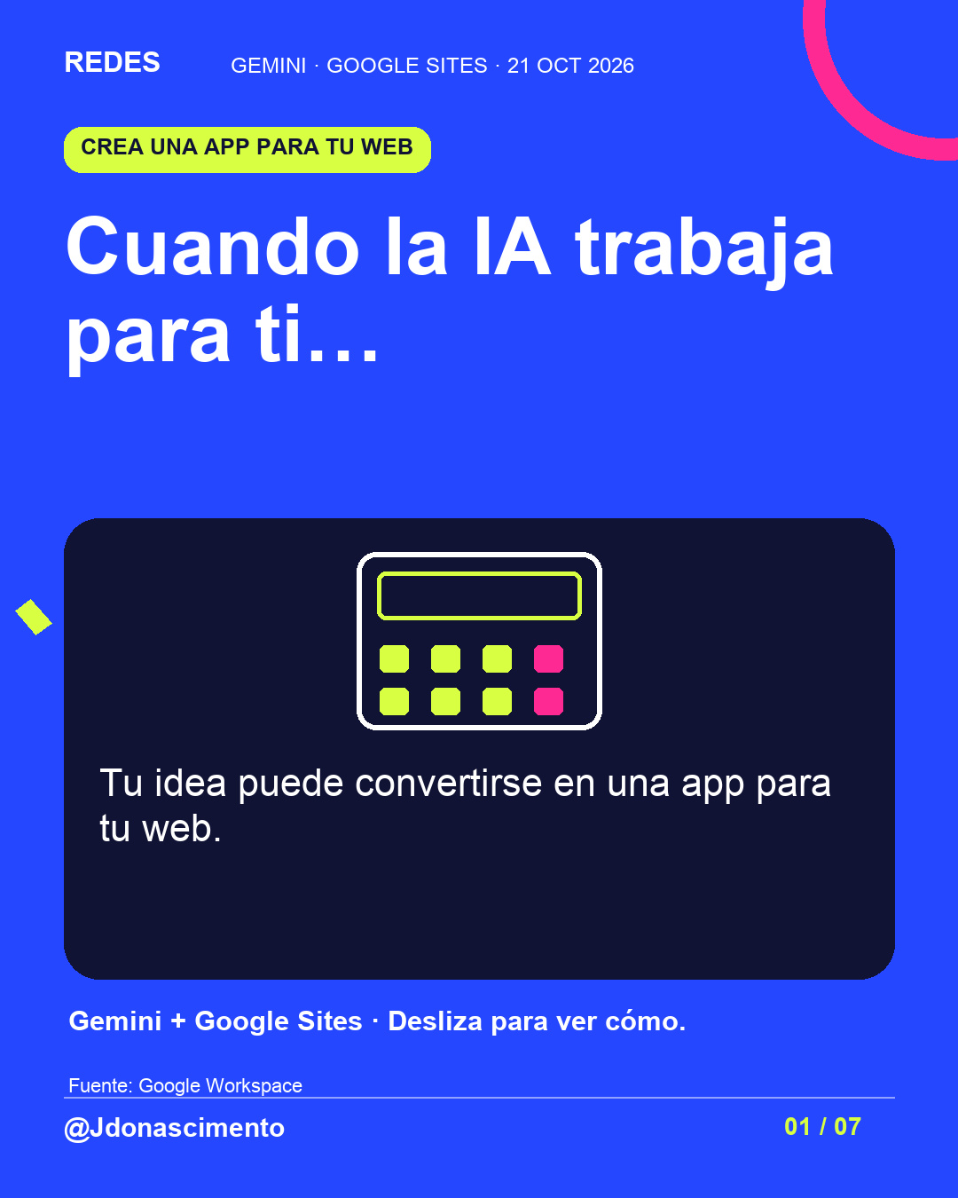 Cuando la IA trabaja para ti…. Tu idea puede convertirse en una app para tu web.. Gemini + Google Sites · Desliza para ver cómo.. Esquema ilustrativo.