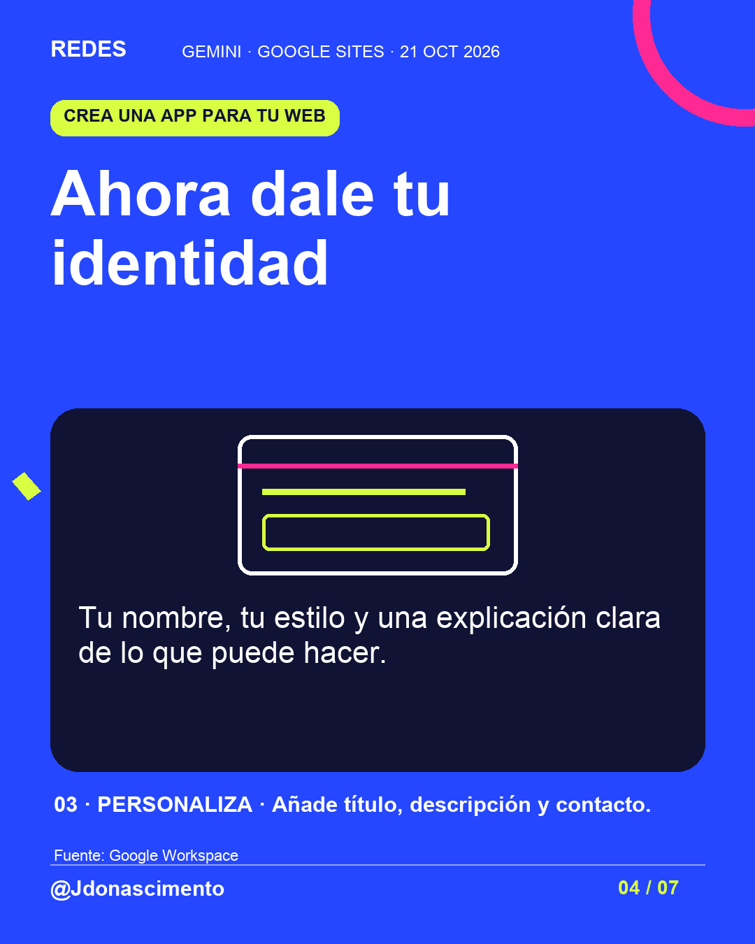 Ahora dale tu identidad. Tu nombre, tu estilo y una explicación clara de lo que puede hacer.. 03 · PERSONALIZA · Añade título, descripción y contacto.. Esquema ilustrativo.