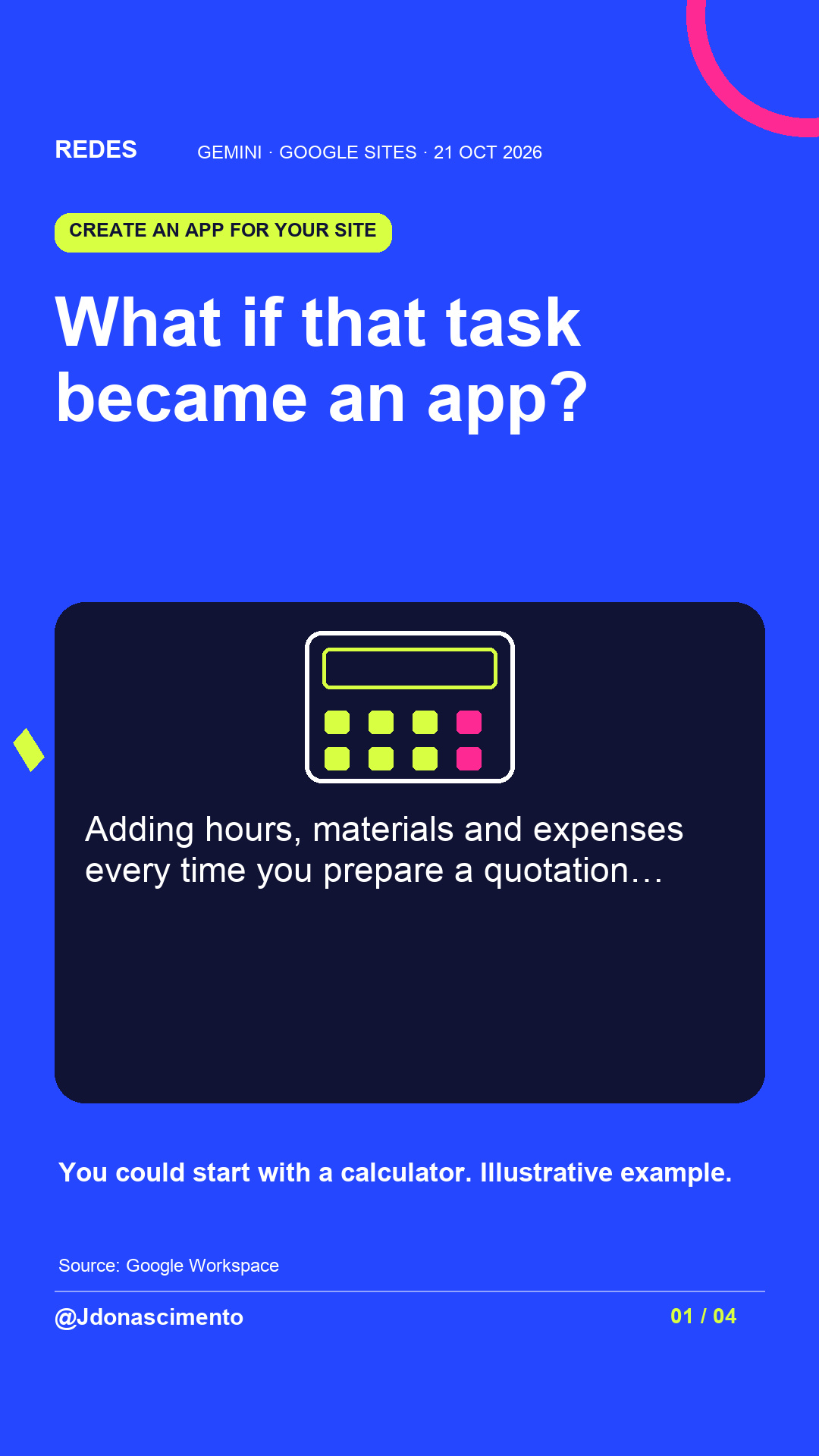 What if that task became an app?. Adding hours, materials and expenses every time you prepare a quotation…. You could start with a calculator. Illustrative example.. Illustrative diagram.