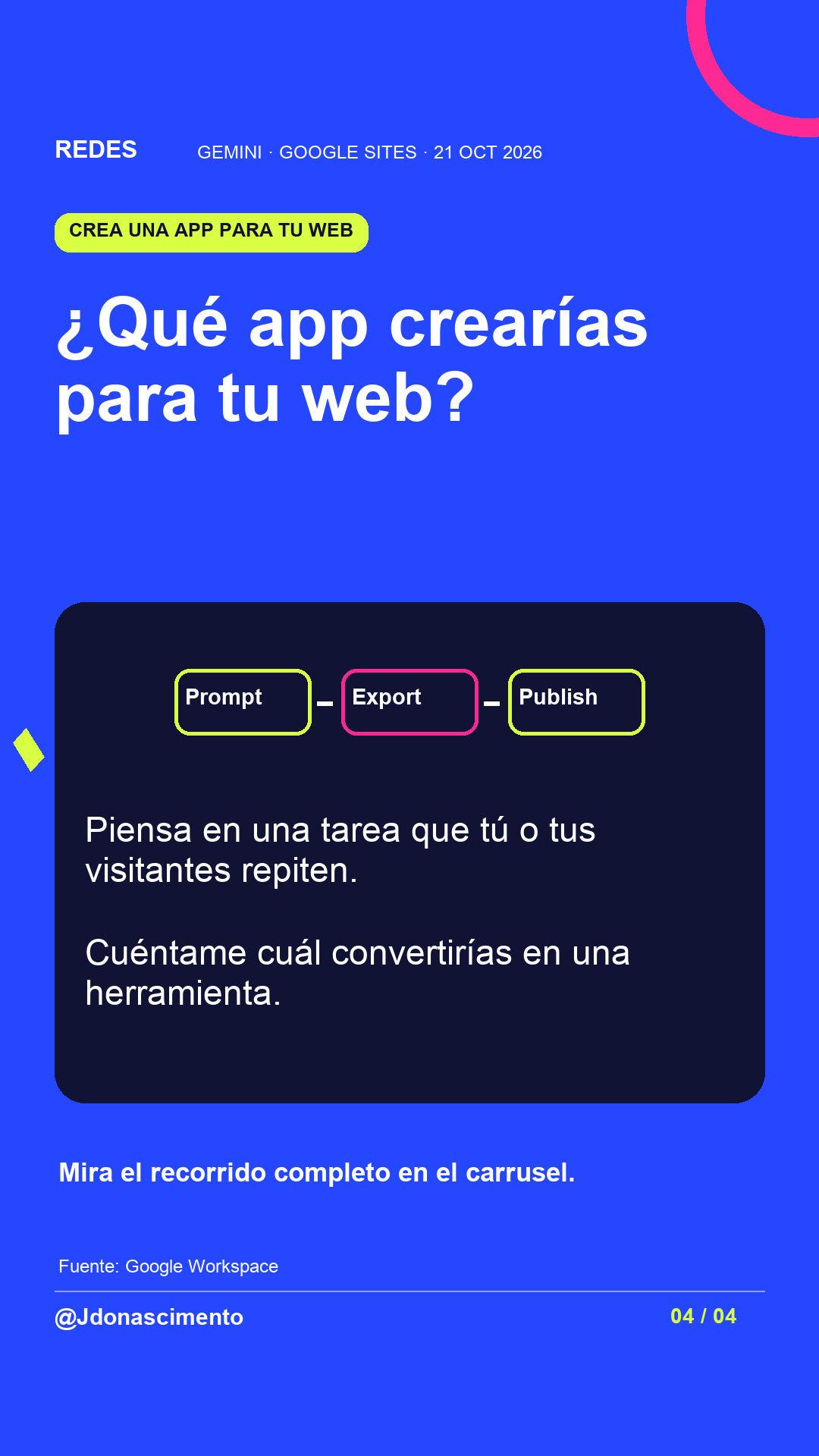 ¿Qué app crearías para tu web?. Piensa en una tarea que tú o tus visitantes repiten. Cuéntame cuál convertirías en una herramienta.. Mira el recorrido completo en el carrusel.. Esquema ilustrativo.