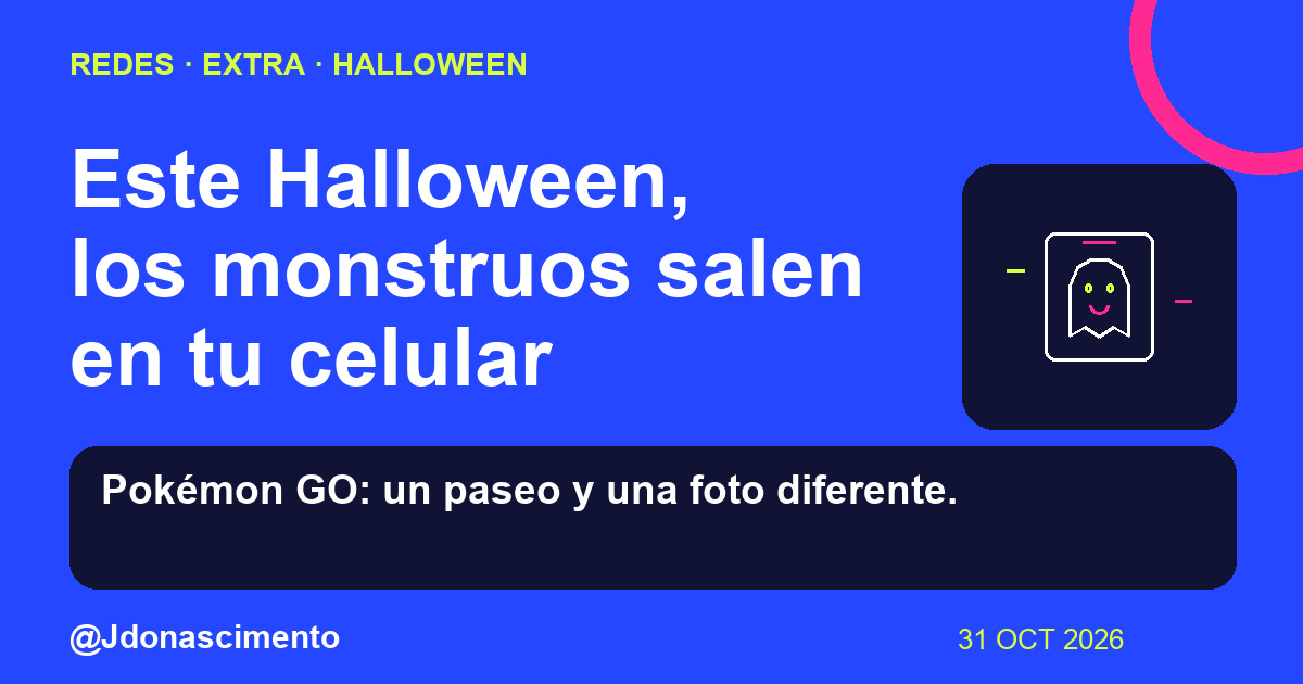 Fondo azul eléctrico, tarjeta medianoche e ilustración lineal original sobre Halloween y criaturas digitales; no es una captura del juego. Este Halloween, los monstruos salen en tu celular. Pokémon GO: un paseo y una foto diferente.. Fuentes: Google Play · Pokémon GO. @Jdonascimento.