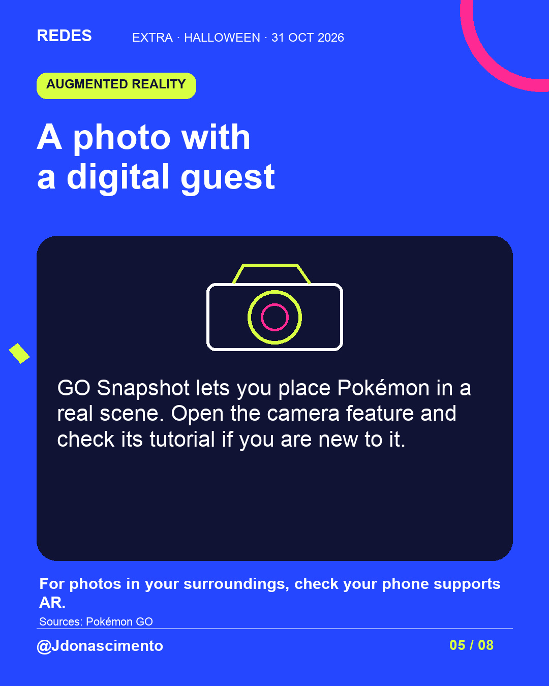 Electric blue background, midnight card and original line illustration about Halloween and digital creatures; not a game screenshot. A photo with a digital guest. GO Snapshot lets you place Pokémon in a real scene. Open the camera feature and check its tutorial if you are new to it. For photos in your surroundings, check your phone supports AR.. Sources: Pokémon GO. @Jdonascimento.