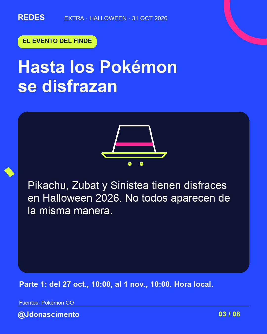 Fondo azul eléctrico, tarjeta medianoche e ilustración lineal original sobre Halloween y criaturas digitales; no es una captura del juego. Hasta los Pokémon se disfrazan. Pikachu, Zubat y Sinistea tienen disfraces en Halloween 2026. No todos aparecen de la misma manera. Parte 1: del 27 oct., 10:00, al 1 nov., 10:00. Hora local.. Fuentes: Pokémon GO. @Jdonascimento.