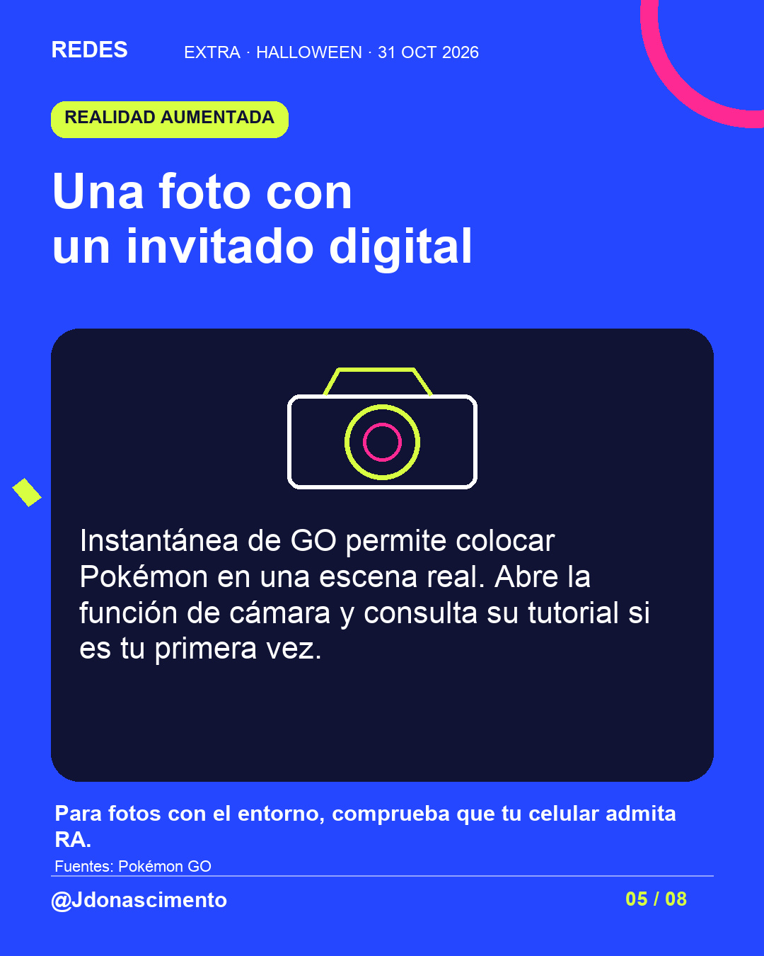 Fondo azul eléctrico, tarjeta medianoche e ilustración lineal original sobre Halloween y criaturas digitales; no es una captura del juego. Una foto con un invitado digital. Instantánea de GO permite colocar Pokémon en una escena real. Abre la función de cámara y consulta su tutorial si es tu primera vez. Para fotos con el entorno, comprueba que tu celular admita RA.. Fuentes: Pokémon GO. @Jdonascimento.