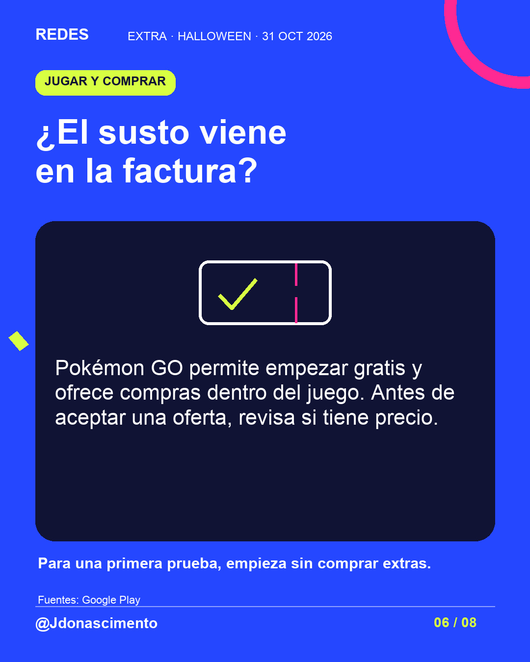 Fondo azul eléctrico, tarjeta medianoche e ilustración lineal original sobre Halloween y criaturas digitales; no es una captura del juego. ¿El susto viene en la factura?. Pokémon GO permite empezar gratis y ofrece compras dentro del juego. Antes de aceptar una oferta, revisa si tiene precio. Para una primera prueba, empieza sin comprar extras.. Fuentes: Google Play. @Jdonascimento.