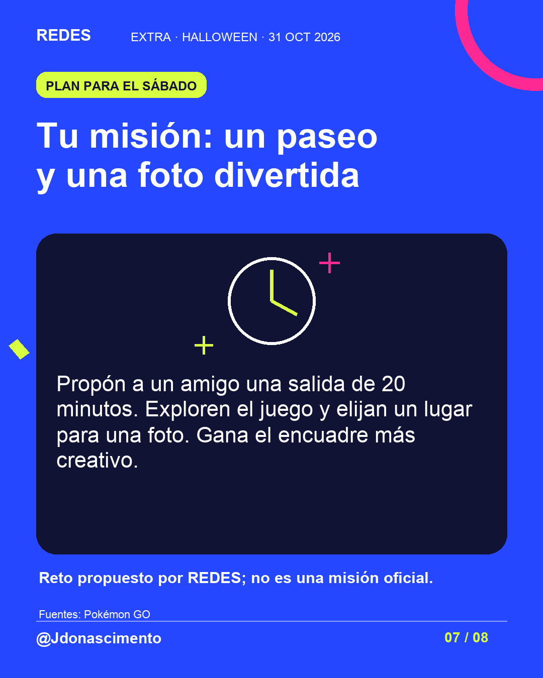 Fondo azul eléctrico, tarjeta medianoche e ilustración lineal original sobre Halloween y criaturas digitales; no es una captura del juego. Tu misión: un paseo y una foto divertida. Propón a un amigo una salida de 20 minutos. Exploren el juego y elijan un lugar para una foto. Gana el encuadre más creativo. Reto propuesto por REDES; no es una misión oficial.. Fuentes: Pokémon GO. @Jdonascimento.