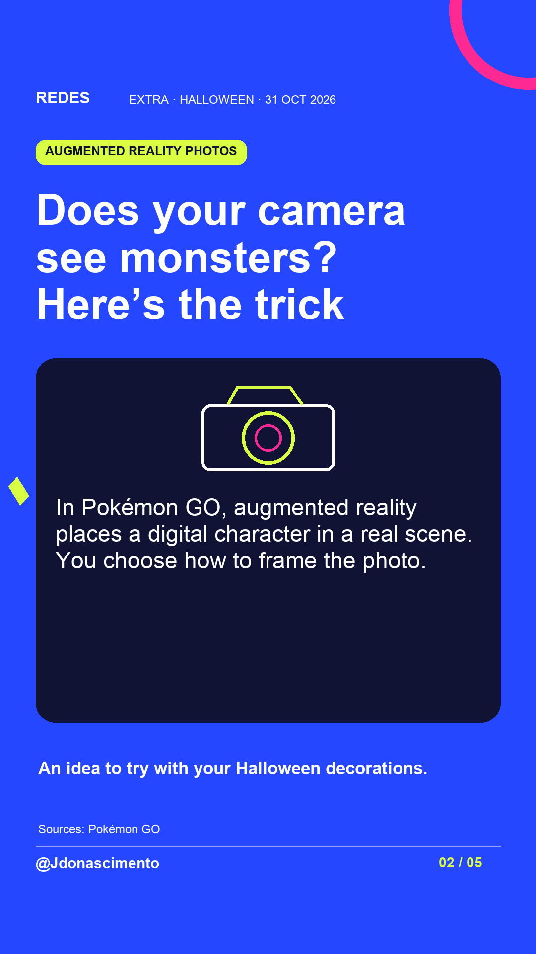 Electric blue background, midnight card and original line illustration about Halloween and digital creatures; not a game screenshot. Does your camera see monsters? Here’s the trick. In Pokémon GO, augmented reality places a digital character in a real scene. You choose how to frame the photo. An idea to try with your Halloween decorations.. Sources: Pokémon GO. @Jdonascimento.