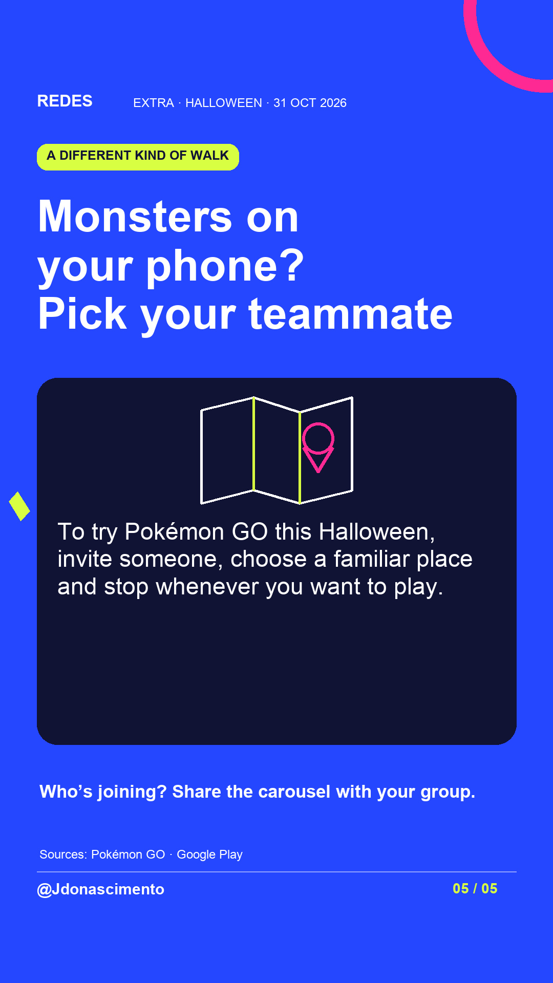 Electric blue background, midnight card and original line illustration about Halloween and digital creatures; not a game screenshot. Monsters on your phone? Pick your teammate. To try Pokémon GO this Halloween, invite someone, choose a familiar place and stop whenever you want to play. Who’s joining? Share the carousel with your group.. Sources: Pokémon GO · Google Play. @Jdonascimento.