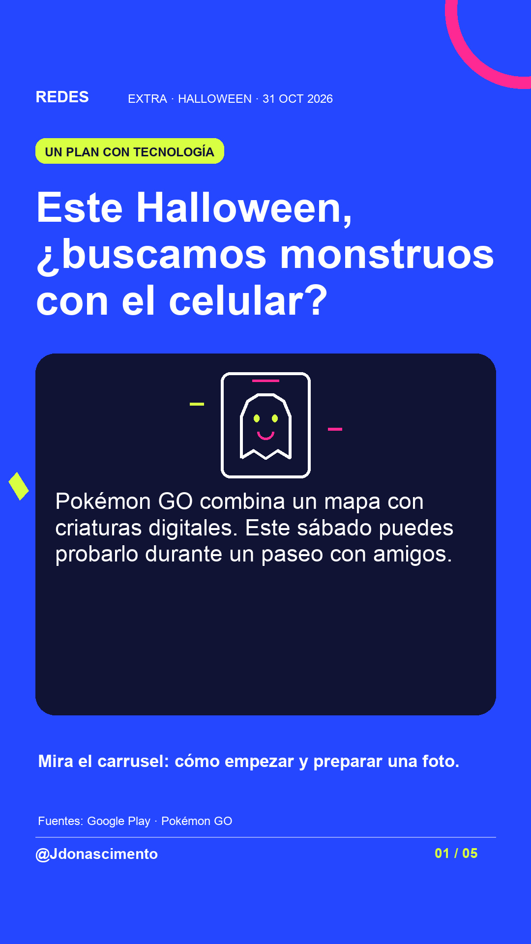 Fondo azul eléctrico, tarjeta medianoche e ilustración lineal original sobre Halloween y criaturas digitales; no es una captura del juego. Este Halloween, ¿buscamos monstruos con el celular?. Pokémon GO combina un mapa con criaturas digitales. Este sábado puedes probarlo durante un paseo con amigos. Mira el carrusel: cómo empezar y preparar una foto.. Fuentes: Google Play · Pokémon GO. @Jdonascimento.