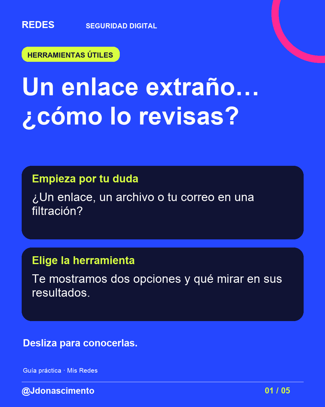 Fondo azul con tarjetas oscuras y acentos lima y fucsia. Un enlace extraño… ¿cómo lo revisas? Empieza por tu duda. ¿Un enlace, un archivo o tu correo en una filtración? Elige la herramienta. Te mostramos dos opciones y qué mirar en sus resultados. Desliza para conocerlas. @Jdonascimento.