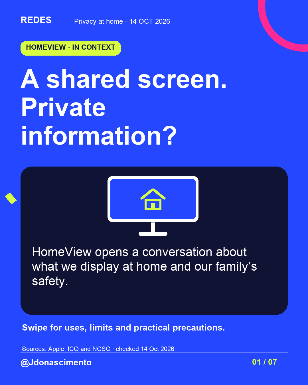 Blue background, dark cards and lime and pink accents. A shared screen. Private information? HomeView opens a conversation about what we display at home and our family’s safety. Swipe for uses, limits and practical precautions. Sources: Apple, ICO and NCSC · checked 14 Oct 2026 @Jdonascimento.