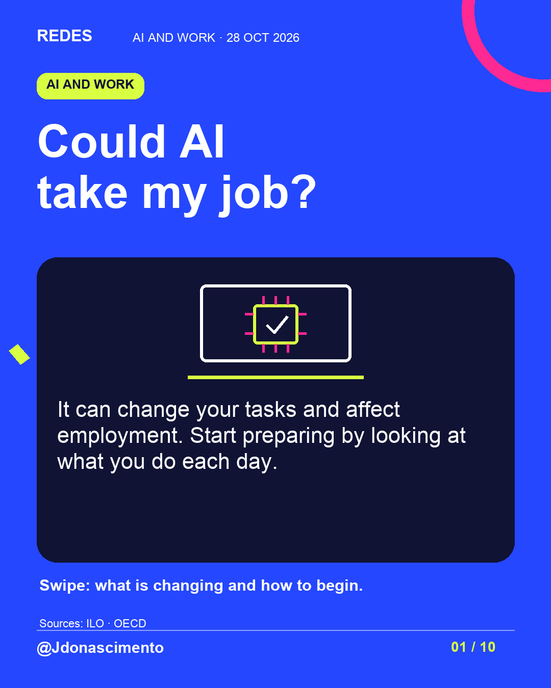 Electric blue background, midnight card and original line illustration about AI and work. Could AI take my job?. It can change your tasks and affect employment. Start preparing by looking at what you do each day. Swipe: what is changing and how to begin.. Sources: ILO · OECD. @Jdonascimento.