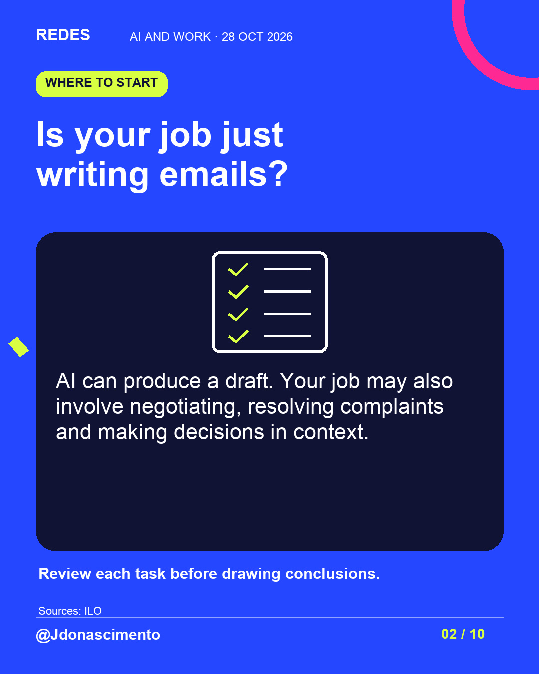 Electric blue background, midnight card and original line illustration about AI and work. Is your job just writing emails?. AI can produce a draft. Your job may also involve negotiating, resolving complaints and making decisions in context. Review each task before drawing conclusions.. Sources: ILO. @Jdonascimento.