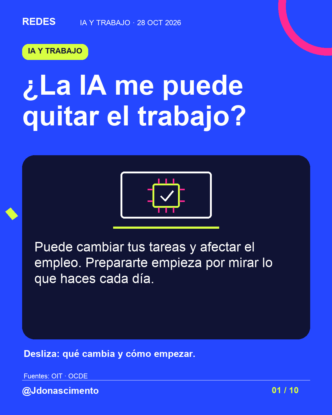 Fondo azul eléctrico, tarjeta medianoche e ilustración lineal original sobre IA y trabajo. ¿La IA me puede quitar el trabajo?. Puede cambiar tus tareas y afectar el empleo. Prepararte empieza por mirar lo que haces cada día. Desliza: qué cambia y cómo empezar.. Fuentes: OIT · OCDE. @Jdonascimento.